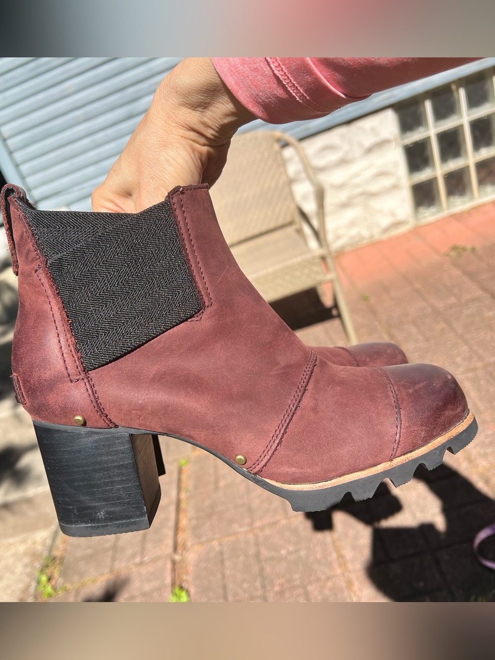 Sorel Addington Burgundy Leather Block Heel Chelsea Boots Waterproof 8.5